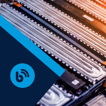 Close-up view of lithium-ion battery modules used in electric vehicles with a blue overlay design and battery icon.