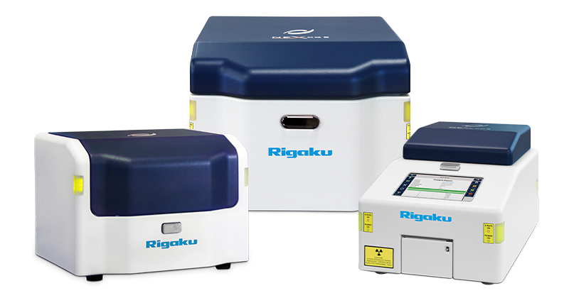 Rigaku NEX Series benchtop EDXRF elemental analyzers, including NEX CG II Series, NEX DE Series, and NEX QC II Series.