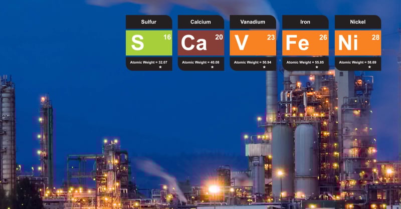 Refinery with elements of interest: Sulfur, calcium, vanadium, iron, and nickel. Read EDXRF App Note 1521 - NEX DE - Analysis of S, Ca, V, Fe, Ni in Crude Oil.