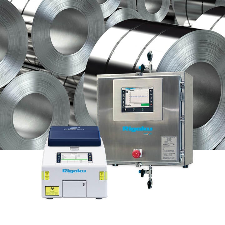 NEX QC II and NEX OL with metal rolls. These Rigaku products provide metal and conversion coatings analysis, as well as monitor plating bath composition.