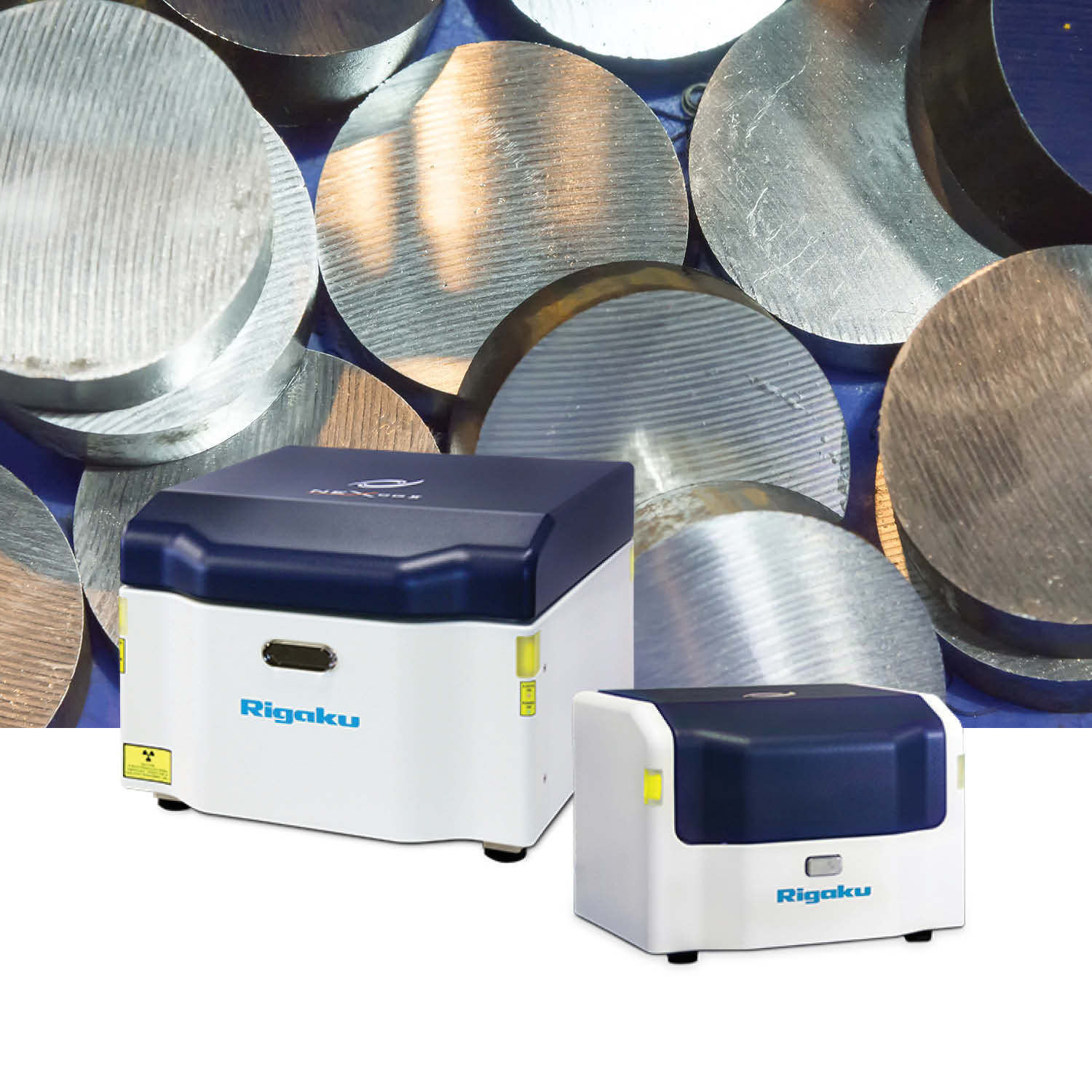 NEX CG II and NEX DE with steel rod samples. These products provide characterization of metals and alloys.