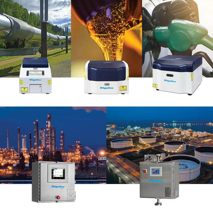 Rigaku NEX Series EDXRF elemental analyzers with a wide range of petroleum industry applications, including pipelines, storage facilities, refineries, oils, and fuel.