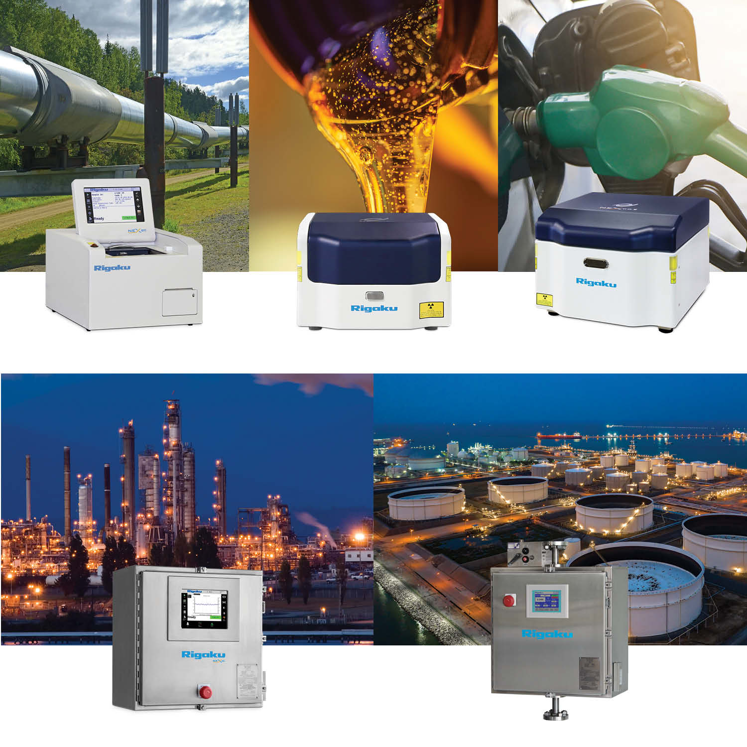 Rigaku NEX Series EDXRF elemental analyzers with a wide range of petroleum industry applications, including pipelines, storage facilities, refineries, oils, and fuel.