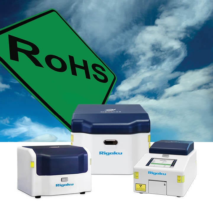 RoHS directive sign with Rigaku NEX Series benchtop EDXRF elemental analyzers. These products are used for screening hazardous elements per RoHS norms.
