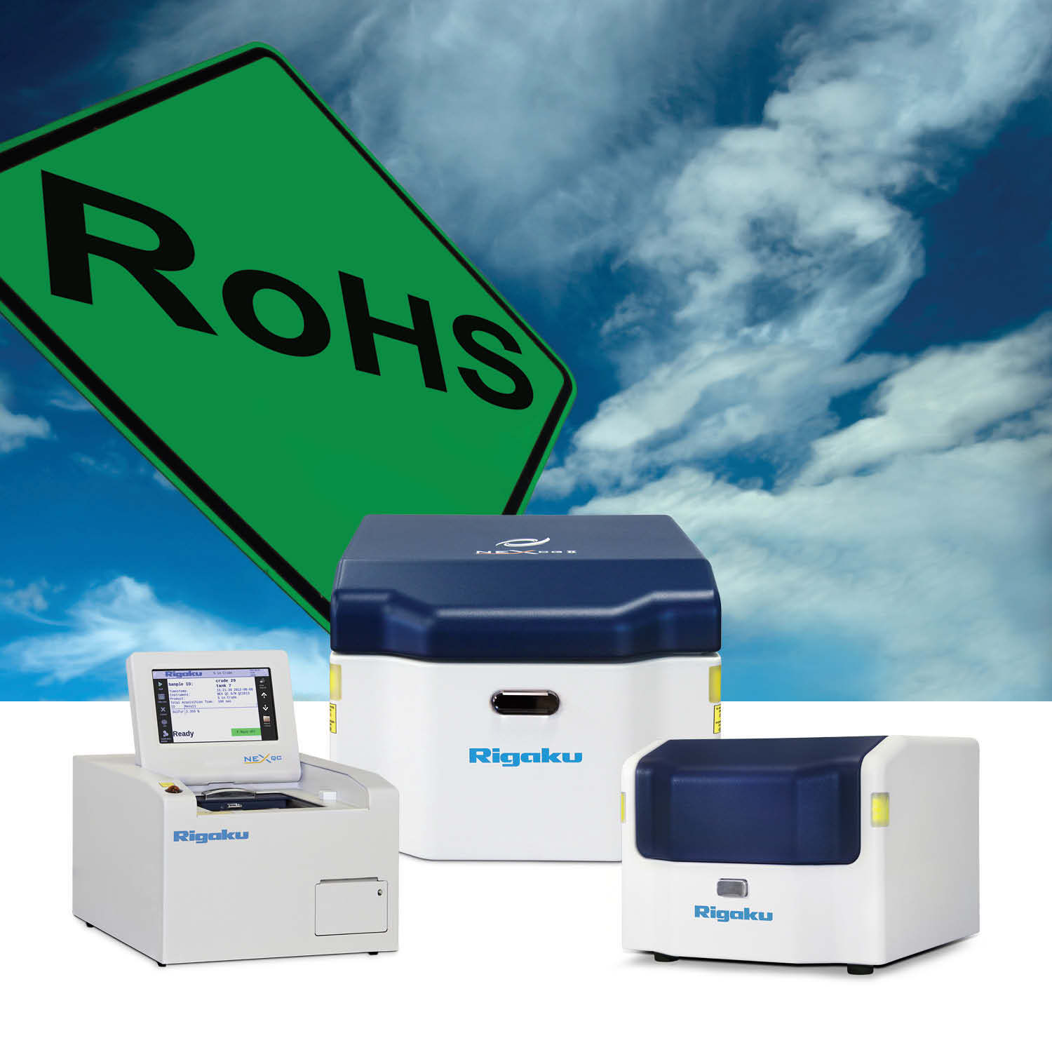 RoHS directive sign with Rigaku NEX Series benchtop EDXRF elemental analyzers. These products are used for screening hazardous elements per RoHS norms.