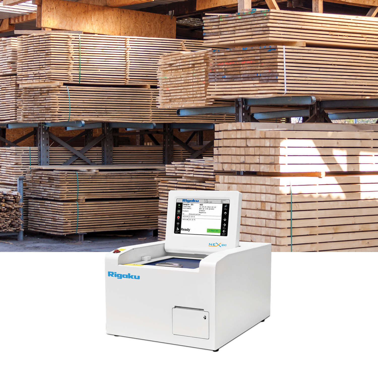 Treated lumber with NEX QC EDXRF elemental analyzer used for AWPA A9 standards. 