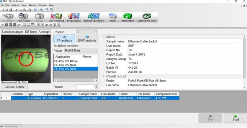 EDXRF1803 Point Analysis Screen