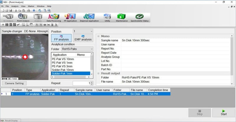 EDXRF1807 Point Analysis Screen