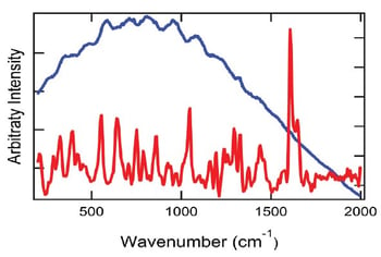 RAD003 Figure 1 Raman spectra from a green capsule of over the counter headache relief medication