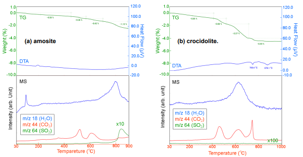 TG-DTA and MS ion thermogram of amosite and crocidolite.