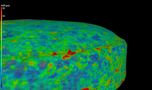 図3：錠剤のコーティングの厚さの解析結果（立体画像）