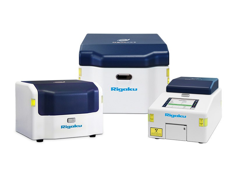 Rigaku NEX Series benchtop EDXRF elemental analyzers, including NEX CG II Series, NEX DE Series, and NEX QC II Series.