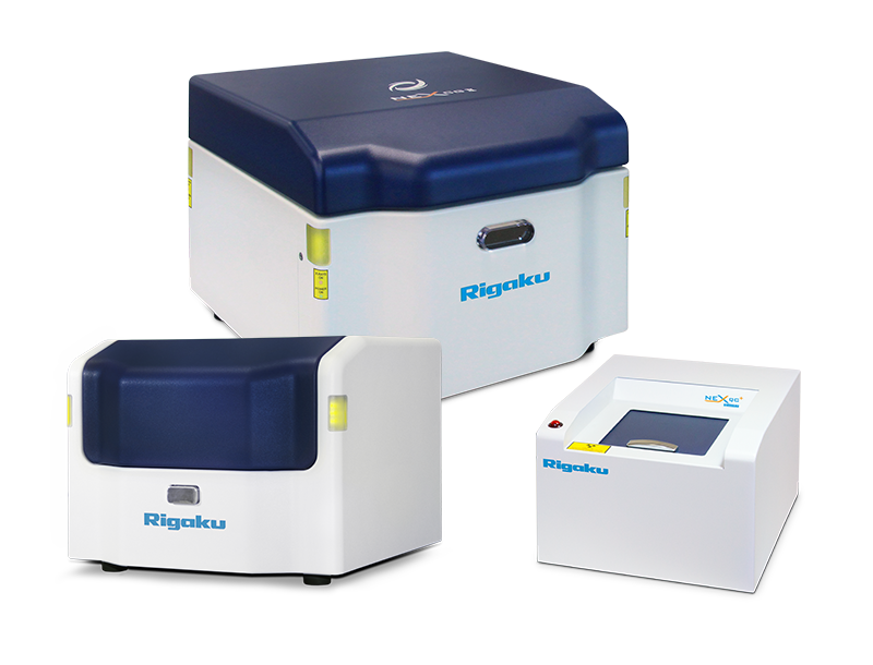 Rigaku NEX Series benchtop EDXRF elemental analyzers, including NEX CG II Series, NEX DE Series, and NEX QC+ QuantEZ.