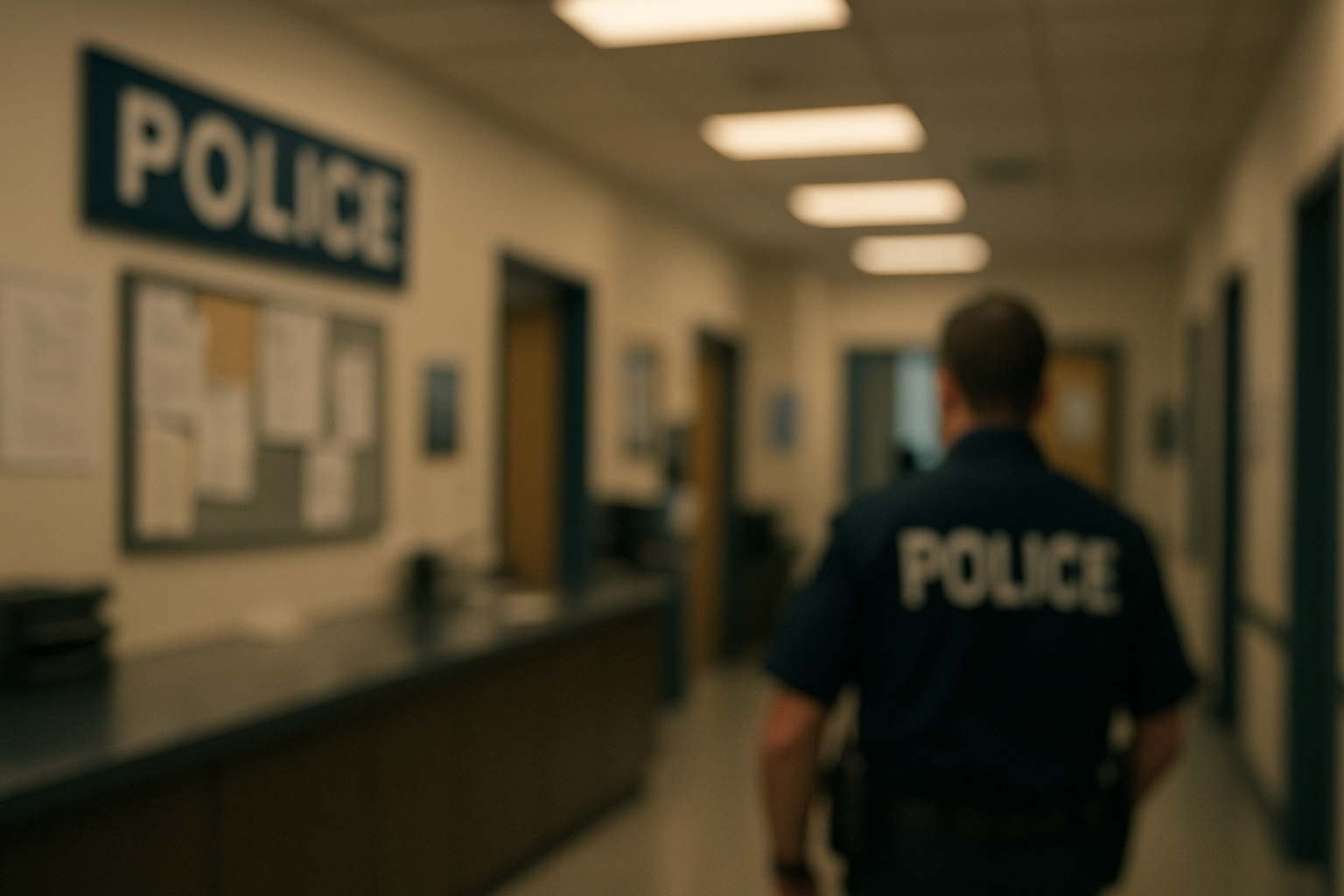 A blurred image of inside a police station