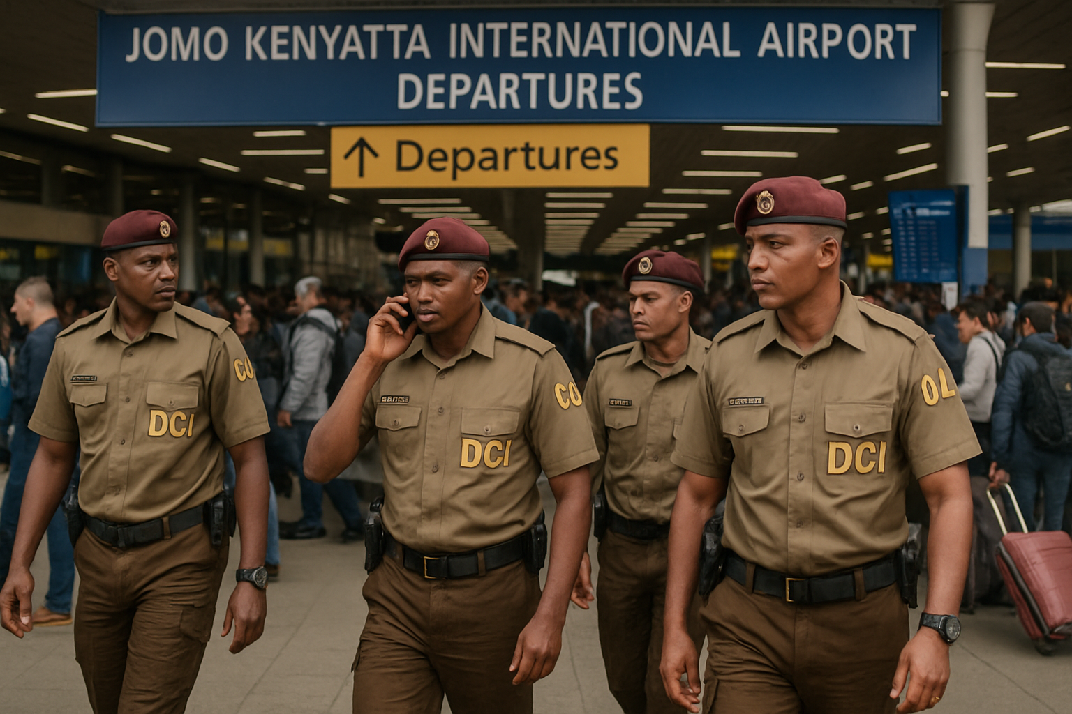 A bustling airport scene at Jomo Kenyatta International Airport features uniformed detectives from Kenyas Directorate of Criminal Investigations DCI e-3