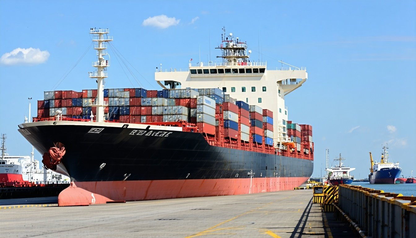A cargo ship docked at a border port