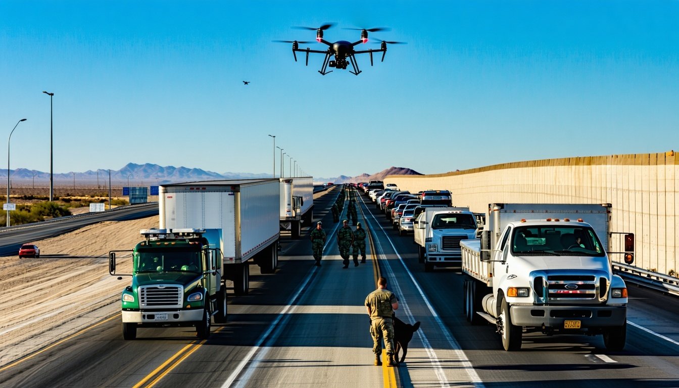 A sprawling border checkpoint stretches across the image bustling with activity Lanes filled with trucks and personal vehicles snake toward a series of inspection stations where uniformed Customs and Border Protection agents are engaged in thorough s