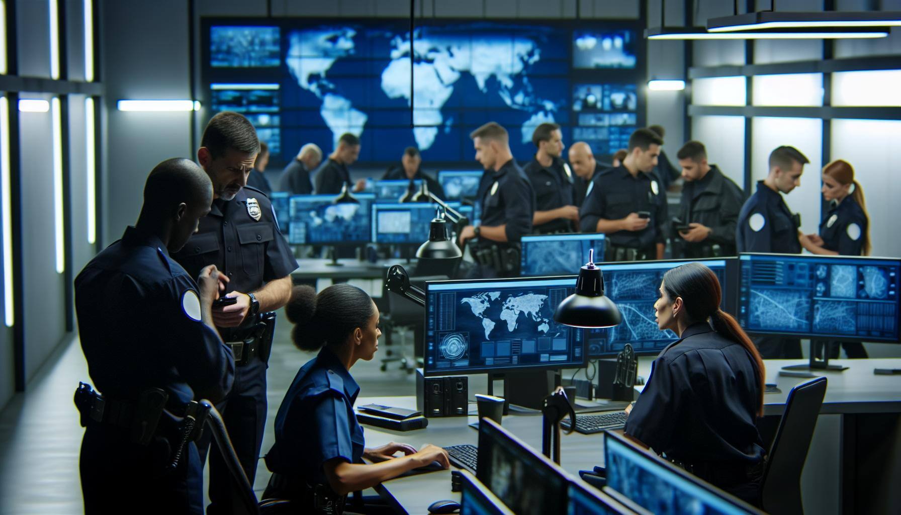 An image of police officers utilizing various computers and other technology