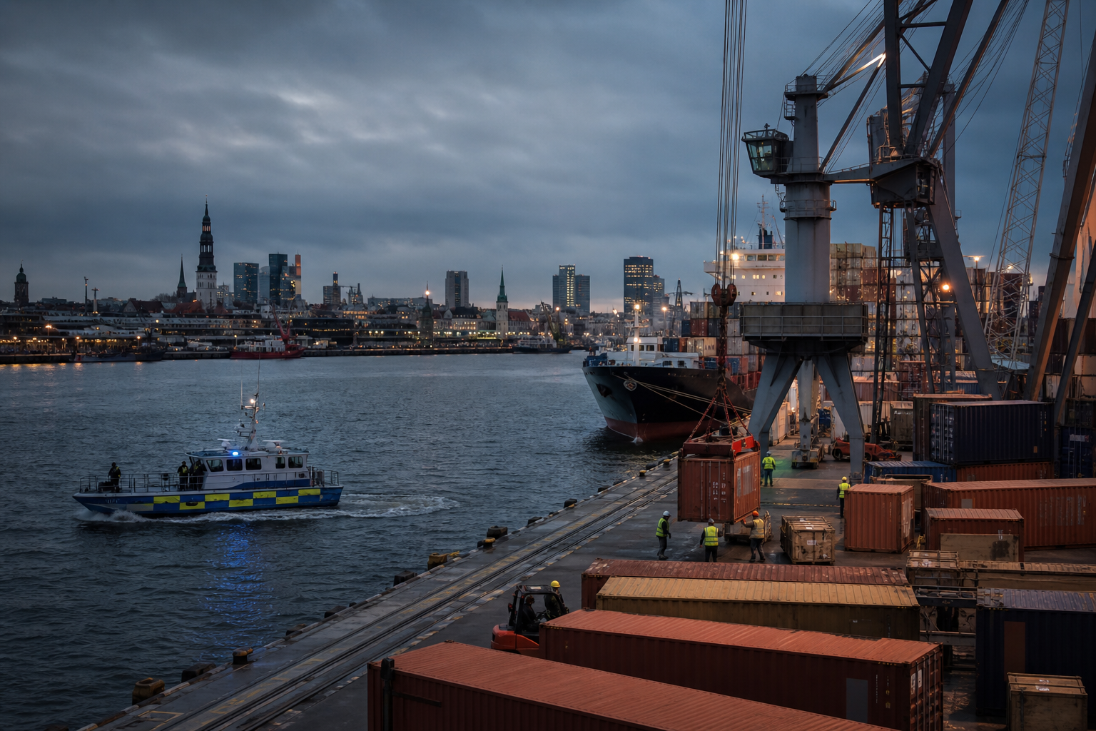 European Port Under Dusky Sky with Cargo Ships and Cranes