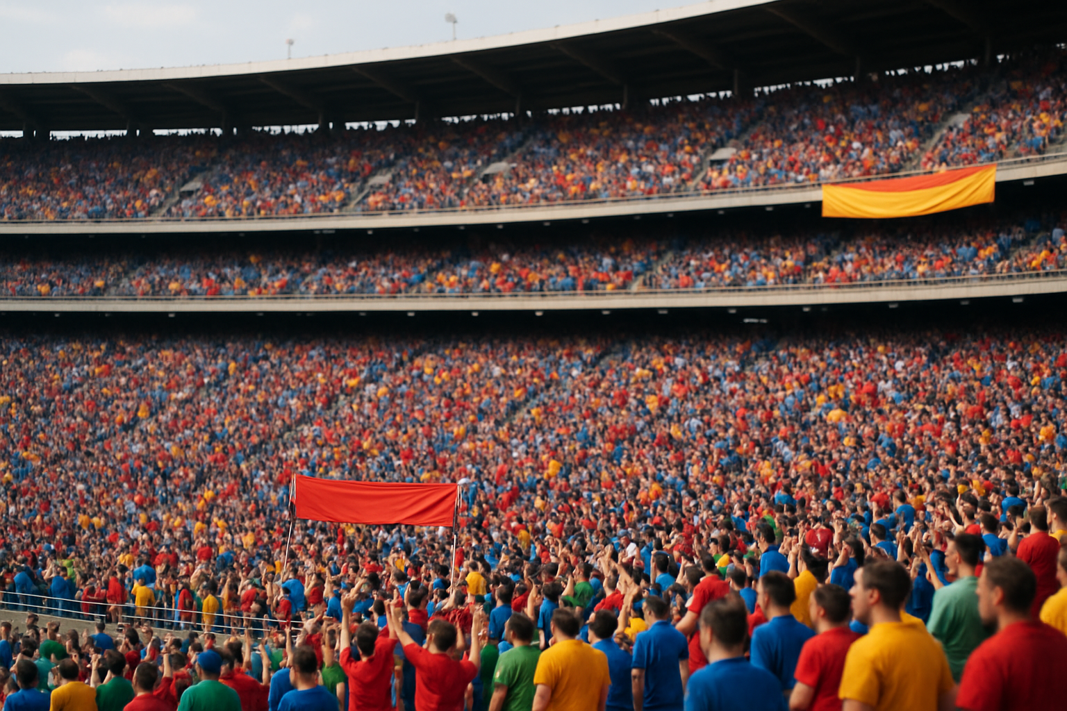 The image depicts a large outdoor stadium bustling with activity filled with excited fans wearing colorful jerseys and holding banners Make the fans f-2