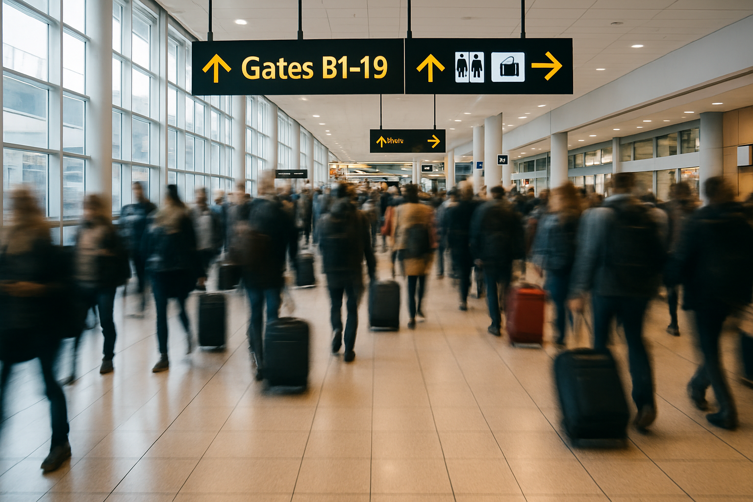 a busy airport terminal buzzes with travelers their blurred figures creating a sense of urgency